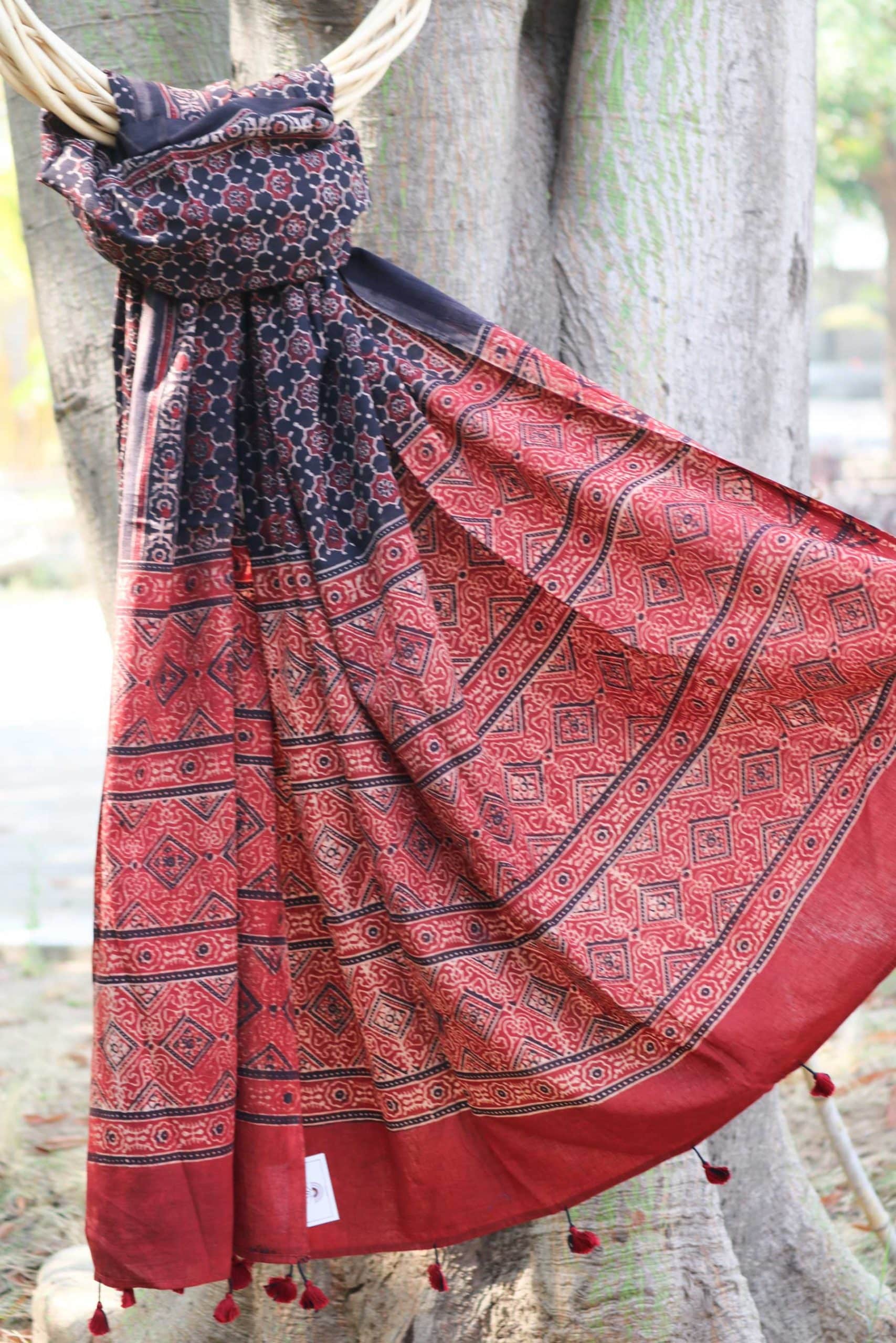 Ajrakh Stole red Dupatta wrap for her Gift for her Ajrakh Dupatta Chanderi dupatta with natural dyes and Ajrakh print Christmas Gift